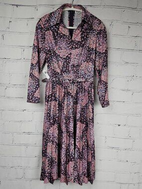 D’Allaird’s Vintage Floral Belted Long Sleeve Midi Dress Womens M 60s 70s Poly